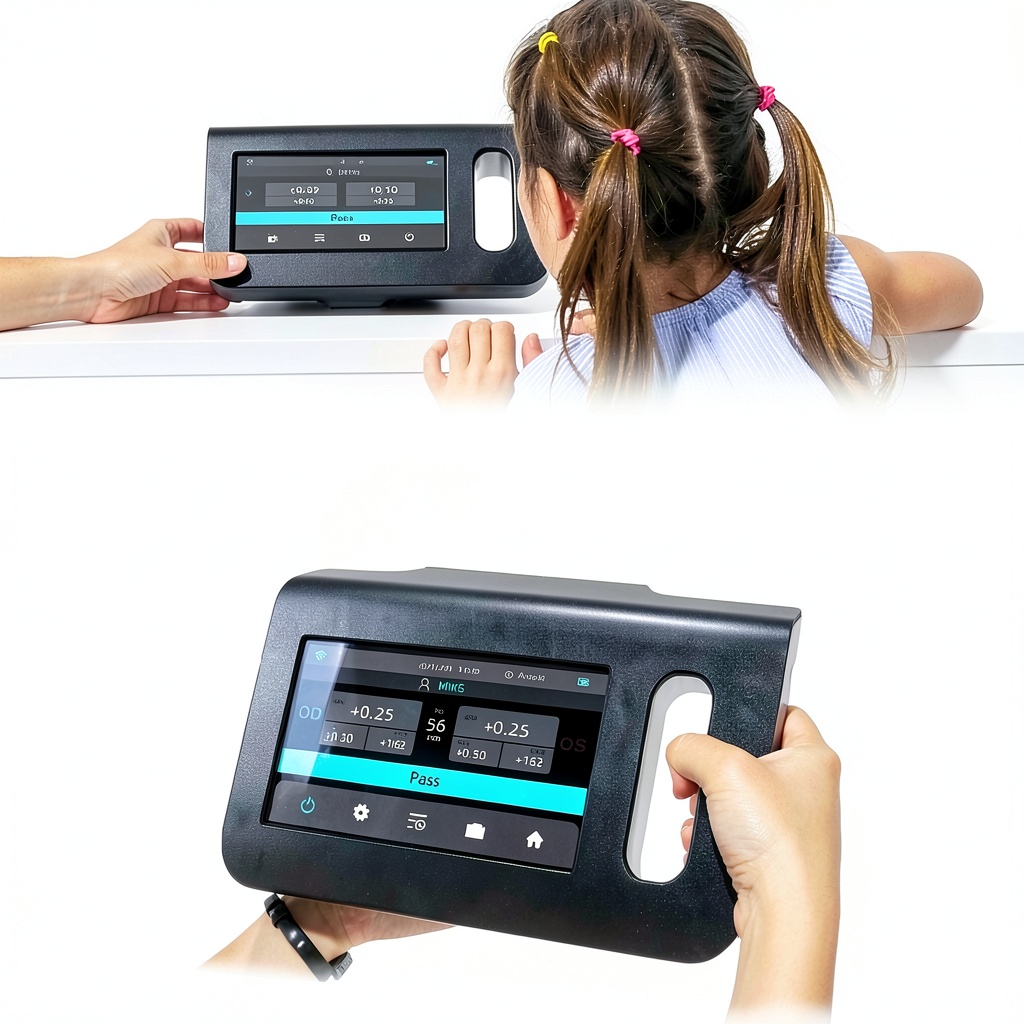 Installing BDJSN Handheld Vision Screener with AI Infrared Refraction – Model on a wooden desk
