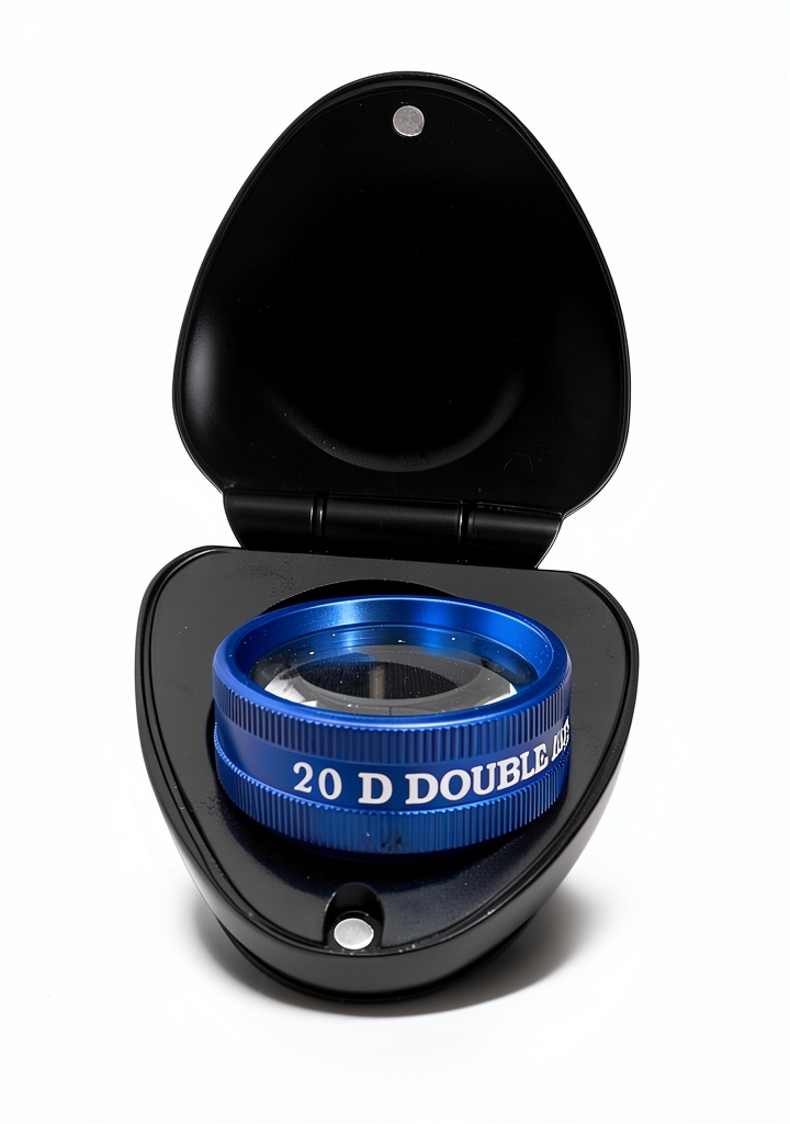 Installing MARS 20D Double Aspheric Blue Ophthalmoscope Lens MARS90823 on a wooden desk
