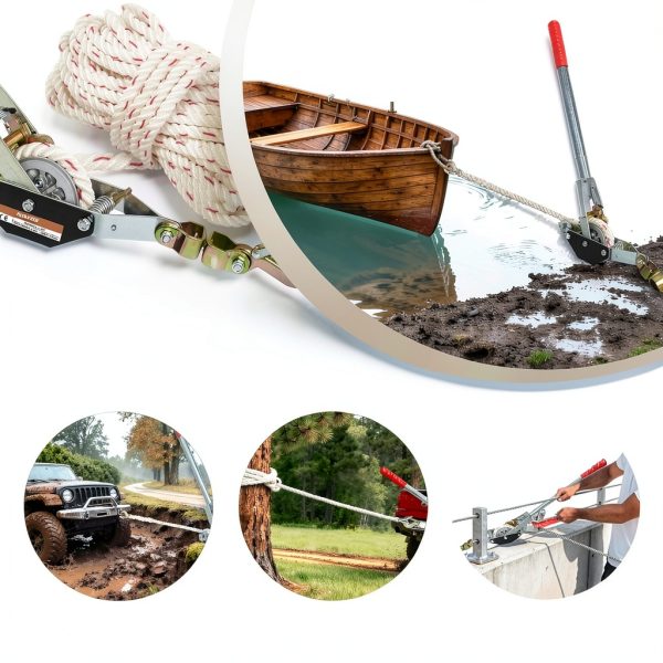 1.5-Ton Rope Puller Come Along Winch Heavy Duty with 100' Rope of 0.6" dia.& 2 Hooks Come Along Ratchet Power Puller Tool for Moving Boats, Securing Items, Transporting Logs-5